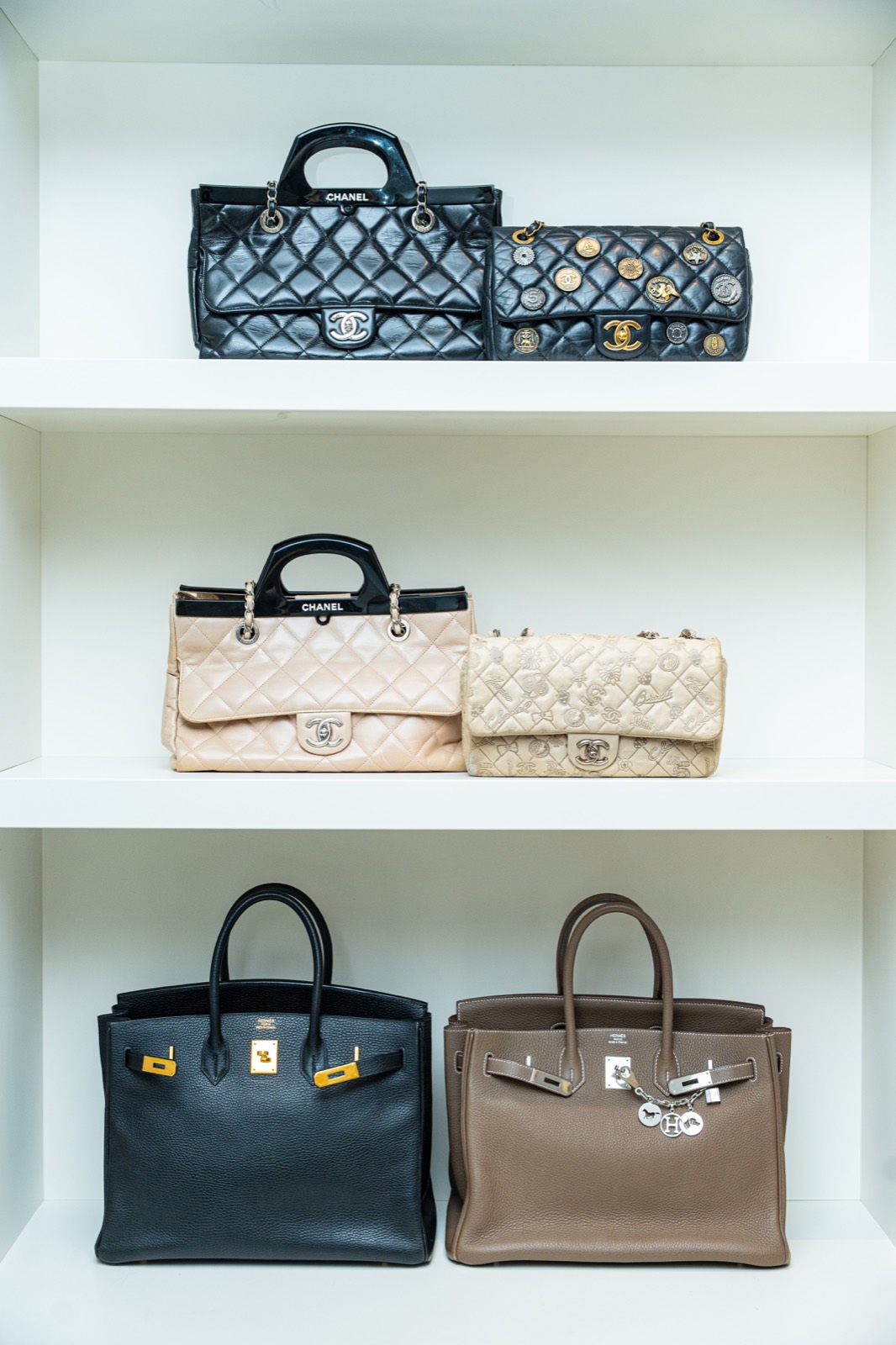 Shelves of rare handbags kept in a private collection.